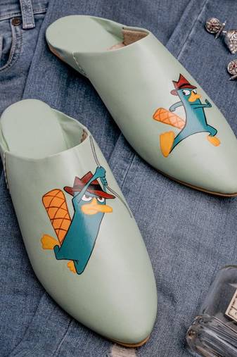 Sea green printed leather mules