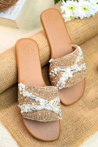 Beige embroidered leather flats