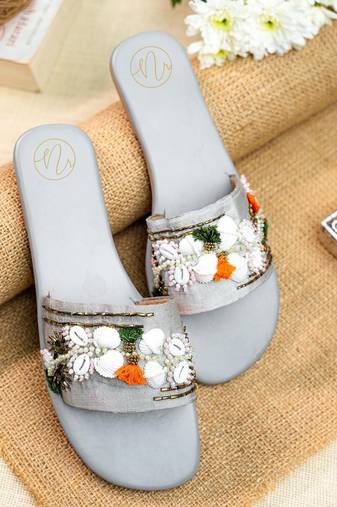 Grey embroidered leather flats