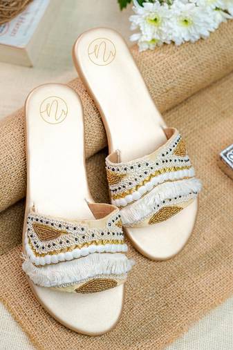 Gold embroidered leather flats