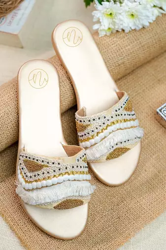 Gold embroidered leather flats