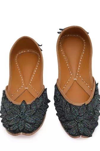 Navy blue embroidered leather juttis