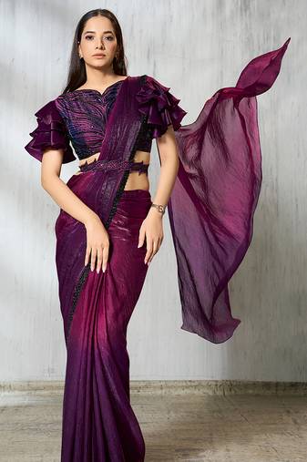 Shaded wine two tone satin silk beads embroidery work belt with ruffle sleeve designer ready to wear  saree