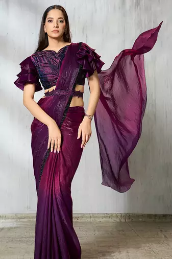 Shaded wine two tone satin silk beads embroidery work belt with ruffle sleeve designer ready to wear  saree