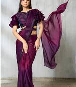 ready to wear shaded wine two tone satin silk  designer  saree