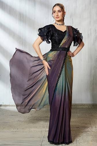 Shaded wine & gray two tone satin silk beads embroidery work belt with ruffle sleeve designer ready to wear  saree