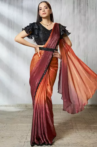 Shaded rust & orange two tone satin silk beads embroidery work belt with ruffle sleeve designer ready to wear  saree