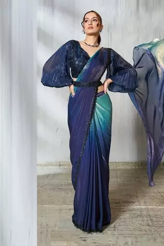 Shaded sky blue & blue two tone satin silk beads embroidery work belt with ruffle sleeve designer ready to wear  saree
