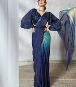 ready to wear shaded sky blue & blue two tone satin silk  designer  saree
