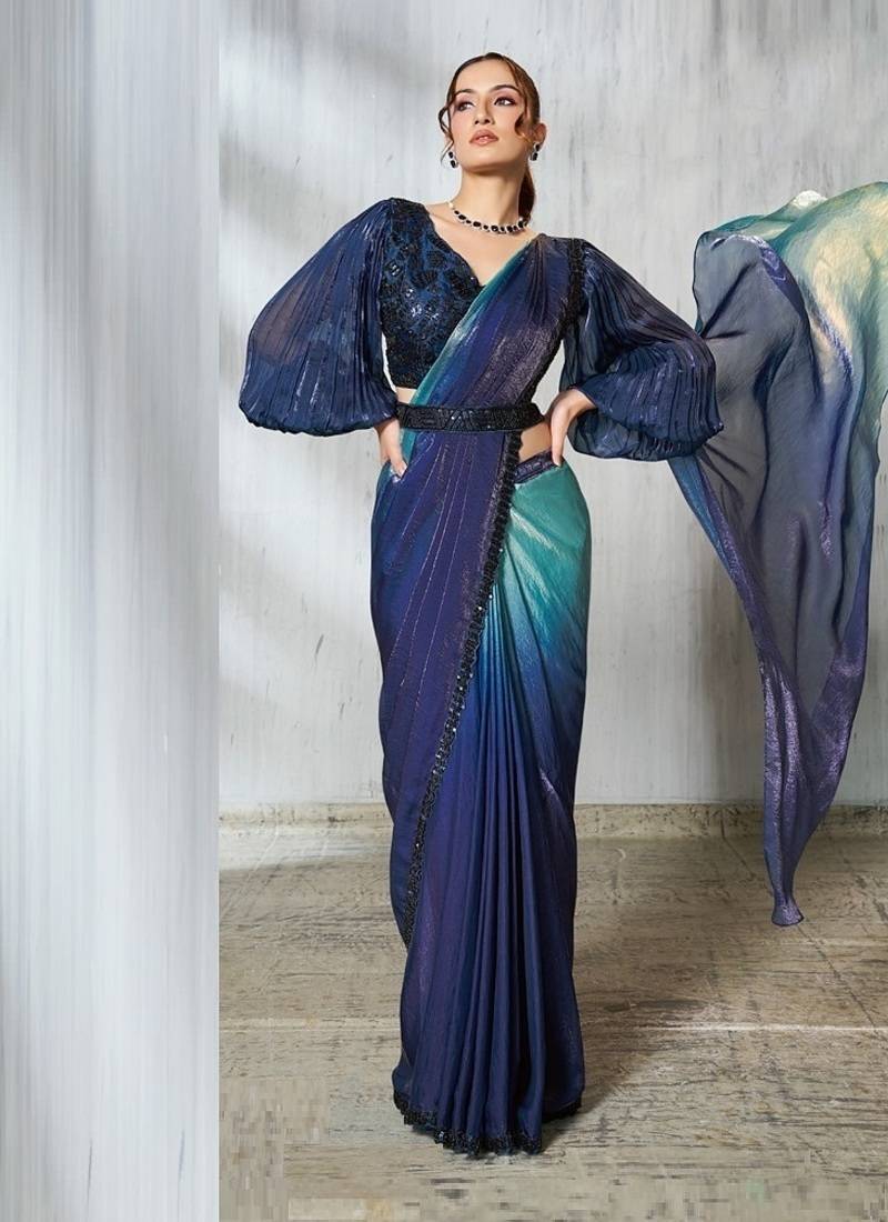 Shaded sky blue & blue two tone satin silk beads embroidery work belt with ruffle sleeve designer ready to wear  saree