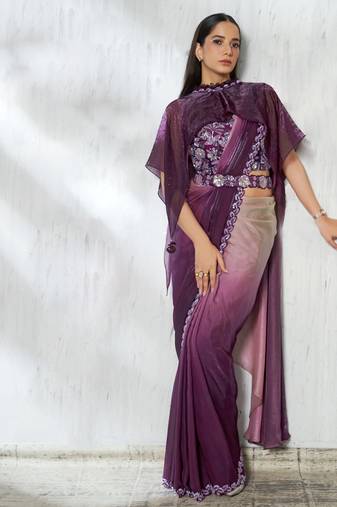 Shaded  wine two tone satin silk beads embroidery work belt with ruffle sleeve designer ready to wear  saree