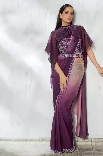 Shaded  wine two tone satin silk beads embroidery work belt with ruffle sleeve designer ready to wear  saree