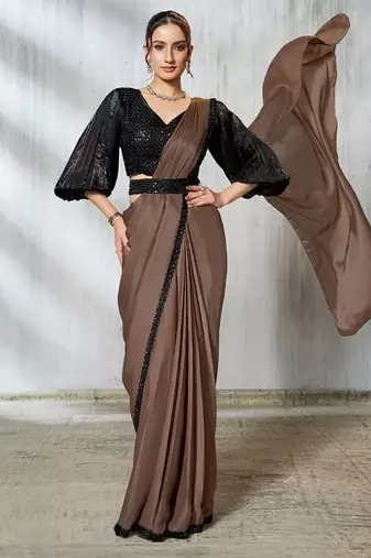 Brown two tone satin silk beads embroidery work belt with crushed sleeves designer ready to wear  saree