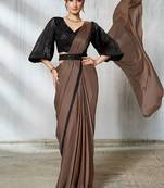ready to wear brown two tone satin silk beads embroidery work belt with crushed sleeves designer  saree