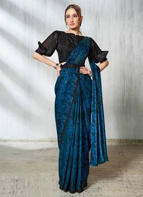 ready to wear blue & black two tone satin silk beads embroidery work belt with crushed sleeves designer  saree 1