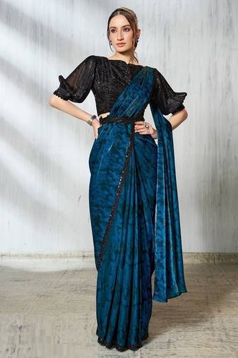 Blue & black two tone satin silk beads embroidery work belt with crushed sleeves designer ready to wear  saree