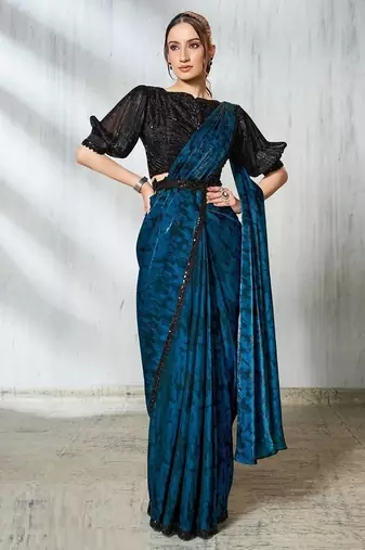 Blue & black two tone satin silk beads embroidery work belt with crushed sleeves designer ready to wear  saree