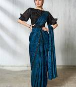 ready to wear blue & black two tone satin silk beads embroidery work belt with crushed sleeves designer  saree