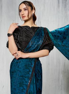ready to wear blue & black two tone satin silk beads embroidery work belt with crushed sleeves designer  saree 2