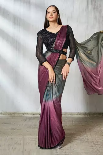 Shaded gray & wine two tone satin silk beads embroidery fancy sleeves designer ready to wear  saree