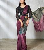 ready to wear shaded gray & wine two tone satin silk beads embroidery fancy sleeves designer  saree