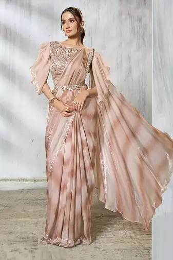Shaded  beige & brown two tone satin silk beads embroidery work belt with fancy sleeves designer ready to wear  saree