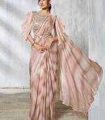 ready to wear shaded  beige & brown two tone satin silk beads embroidery work belt with fancy sleeves designer  saree