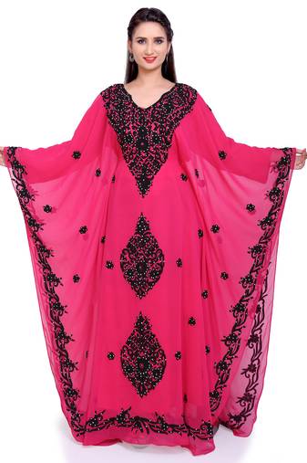 Royal Hot Pink Stitched with Black  Embroidered Kaftan Dress with Borders– Festive & Party Wear"