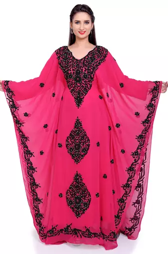Royal Hot Pink Stitched with Black  Embroidered Kaftan Dress with Borders– Festive & Party Wear"