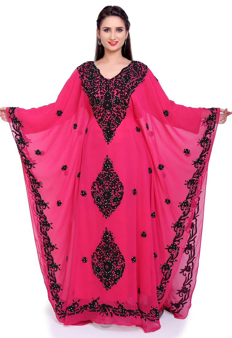 Royal Hot Pink Stitched with Black  Embroidered Kaftan Dress with Borders– Festive & Party Wear"