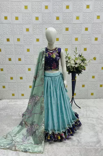 Fancy Chinon Silk Digital Printed Sky Blue Readymade Lehenga Choli