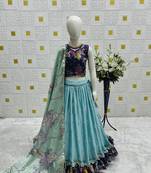 Fancy Chinon Silk Digital Printed Sky Blue Readymade Lehenga Choli