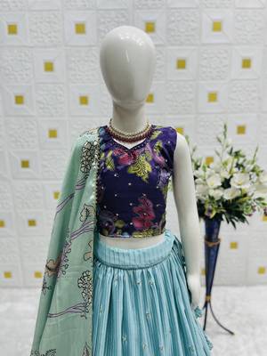 Fancy Chinon Silk Digital Printed Sky Blue Readymade Lehenga Choli 3