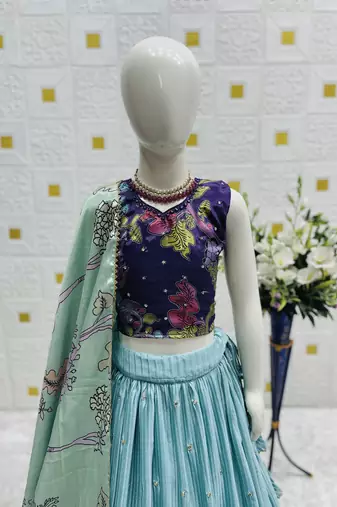 Fancy Chinon Silk Digital Printed Sky Blue Readymade Lehenga Choli