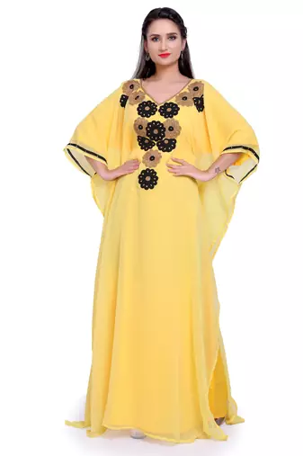 Sunshine Yellow Kaftan with Black & Golden Floral Embroidery – Party & Festive Wear