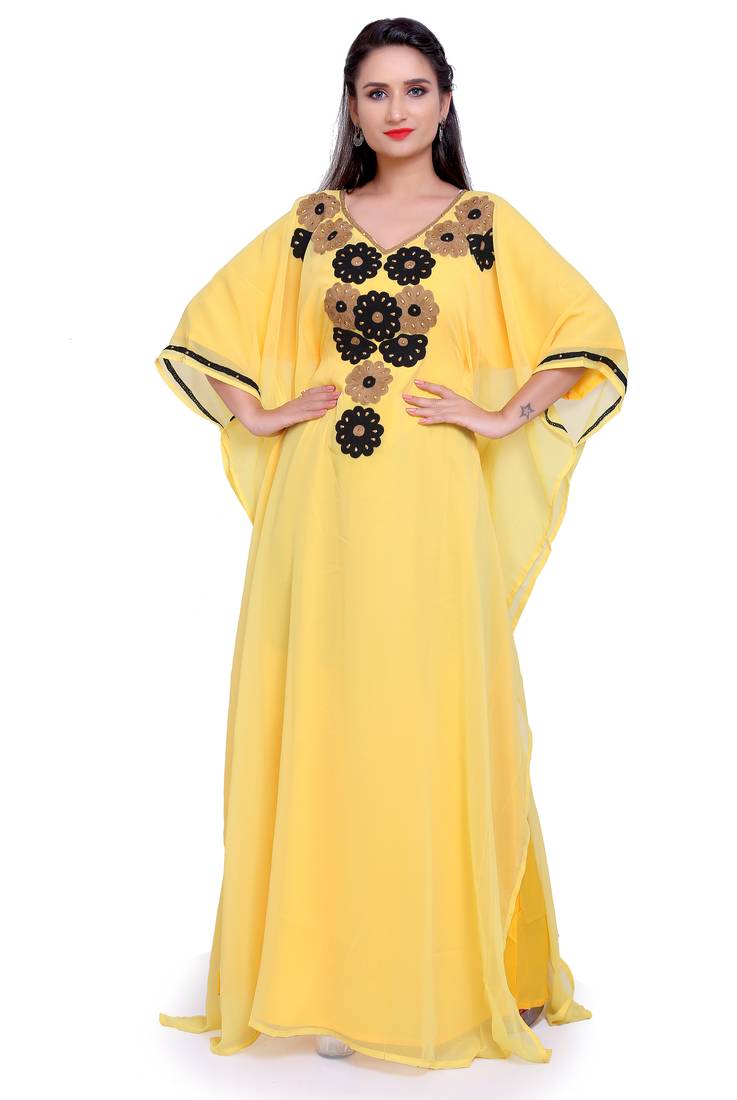 Sunshine Yellow Kaftan with Black & Golden Floral Embroidery – Party & Festive Wear