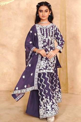 Fancy Georgette Embroidery and Diamond Work Purple Readymade Salwar Suit