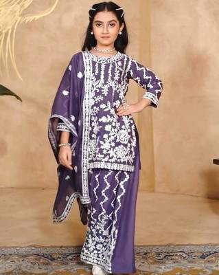 Fancy Georgette Embroidery and Diamond Work Purple Readymade Salwar Suit 2