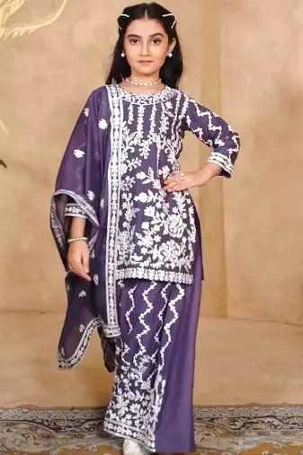 Fancy Georgette Embroidery and Diamond Work Purple Readymade Salwar Suit