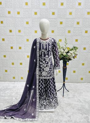 Fancy Georgette Embroidery and Diamond Work Purple Readymade Salwar Suit 3
