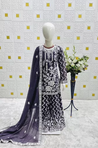 Fancy Georgette Embroidery and Diamond Work Purple Readymade Salwar Suit