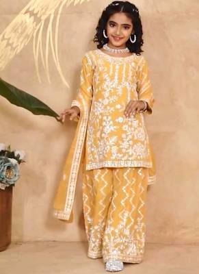 fancy Georgette Embroidery and Diamond Work Yellow Readymade Salwar Suit 2