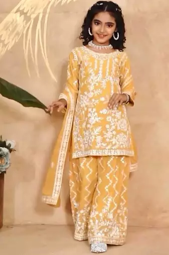 fancy Georgette Embroidery and Diamond Work Yellow Readymade Salwar Suit