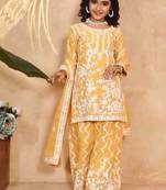 fancy Georgette Embroidery and Diamond Work Yellow Readymade Salwar Suit