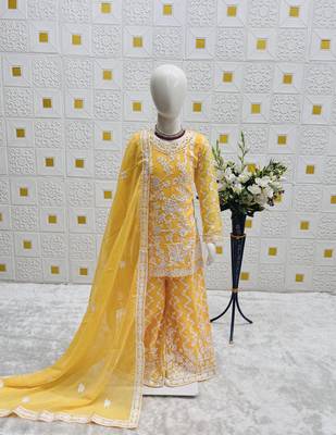 fancy Georgette Embroidery and Diamond Work Yellow Readymade Salwar Suit 3