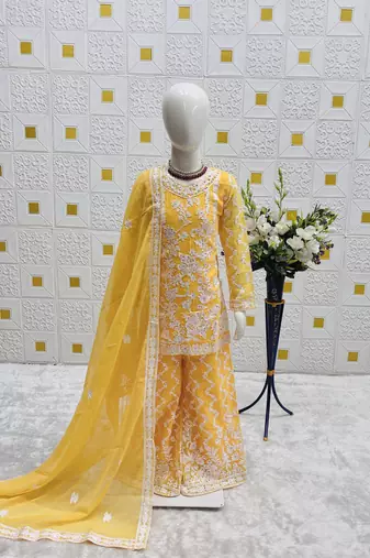 fancy Georgette Embroidery and Diamond Work Yellow Readymade Salwar Suit