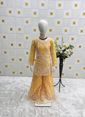 fancy Georgette Embroidery and Diamond Work Yellow Readymade Salwar Suit 4
