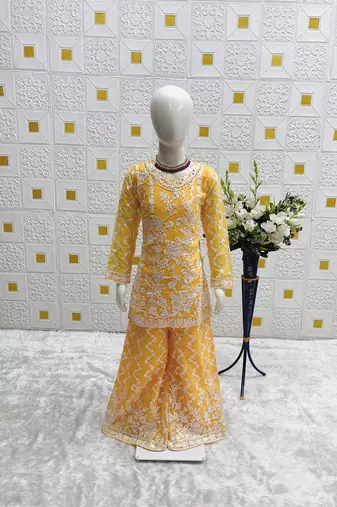 fancy Georgette Embroidery and Diamond Work Yellow Readymade Salwar Suit