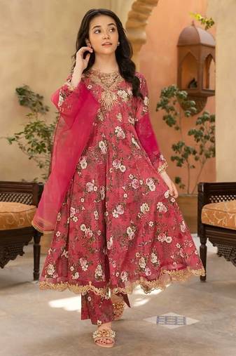 Glamour Foux Gergette Embroidery With Digital Printed Red Readymade Salwar Suit