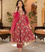 Glamour Foux Gergette Embroidery With Digital Printed Red Readymade Salwar Suit